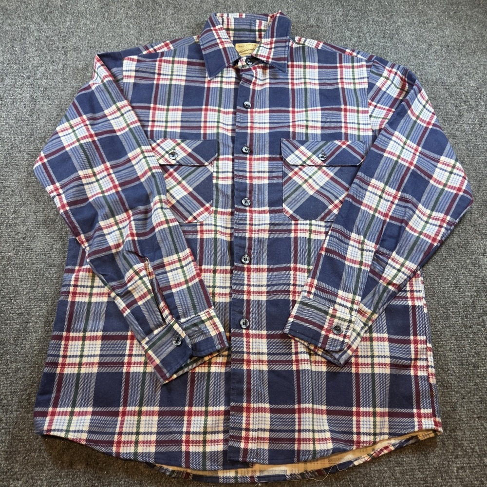 Vintage SEARS Fieldmaster Flannel Button Shirt Mens Sz M (15-15.5) Blue Plaid